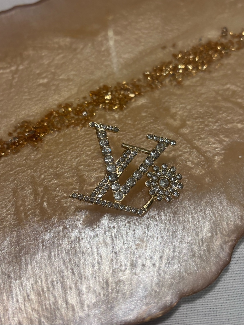 Gold Crystal Floral Monogram Brooch